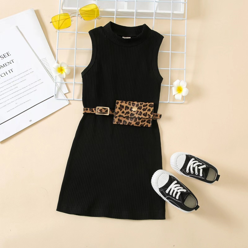 Conyson Kids Clothes Solid Color Round Neck Sleeveless Straight Knitted Dress Waist Belt Bag Set Summer Girls Dresses
