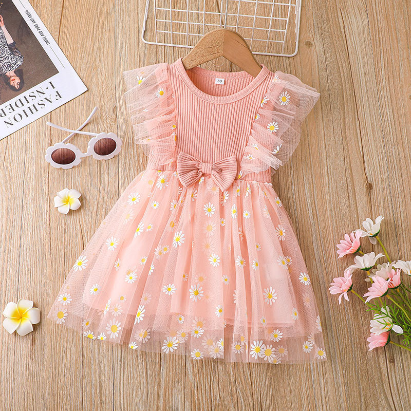 Conyson Summer Princess Kids Girls Dress Clothing 3 Colors Mesh Ruffles Sleeve Sunflowers Lace Tutu Dress Sleeveless Princess