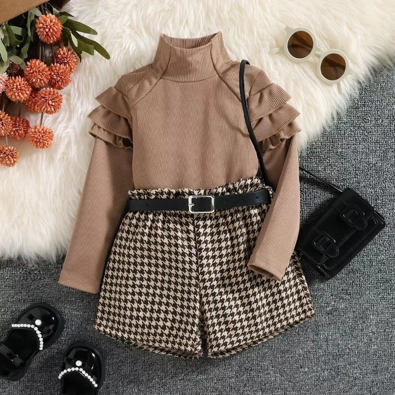 Conyson Hot Wholesale Autumn Winter Turtleneck Cratered Knitting Houndstooth Lattice 3-8 Yrs Baby Girl Shorts Two Pieces Set