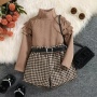 Conyson Hot Wholesale Autumn Winter Turtleneck Cratered Knitting Houndstooth Lattice 3-8 Yrs Baby Girl Shorts Two Pieces Set