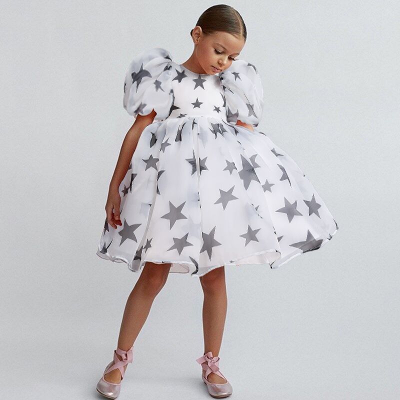 Conyson Elegant Girls Flower Puff Sleeve Dresses For Weddings Kids Formal Birthday Party Fairy Princess Cloth Children Tulle Set