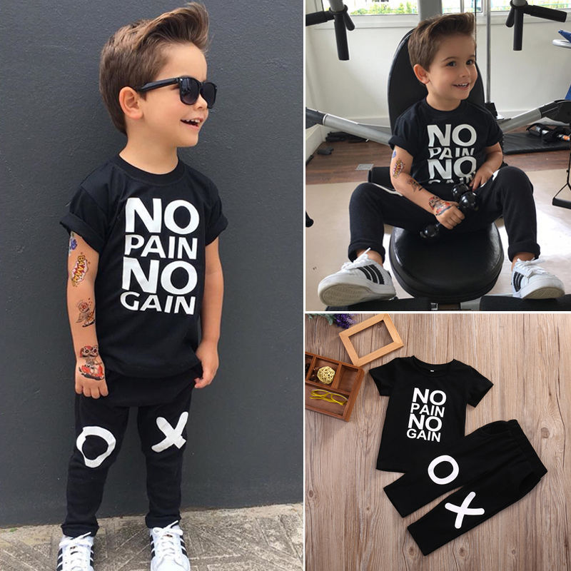 Conyson Summer Cotton Sweats Letter Printed Top+Long Pants Soft T-shirt Suit Sets Black 1-7Y Kids Boys Outfits Sets