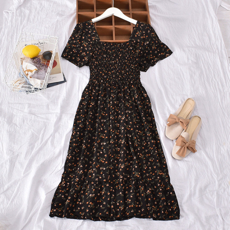 Floral Print Elastic Midi Skirt Square Collar Ruffles Short Sleeve One Piece Dress Women Elegant Casual Dresses