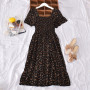 Floral Print Elastic Midi Skirt Square Collar Ruffles Short Sleeve One Piece Dress Women Elegant Casual Dresses