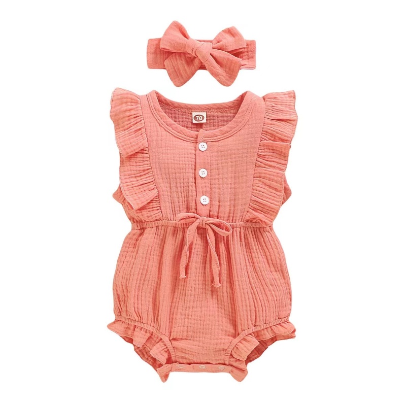 Conyson Newborn Baby Clothes Summer Jumpsuit Headband 2pcs Sets Sleeveless Custom Infant Ruffles Short Baby Girls' Romper