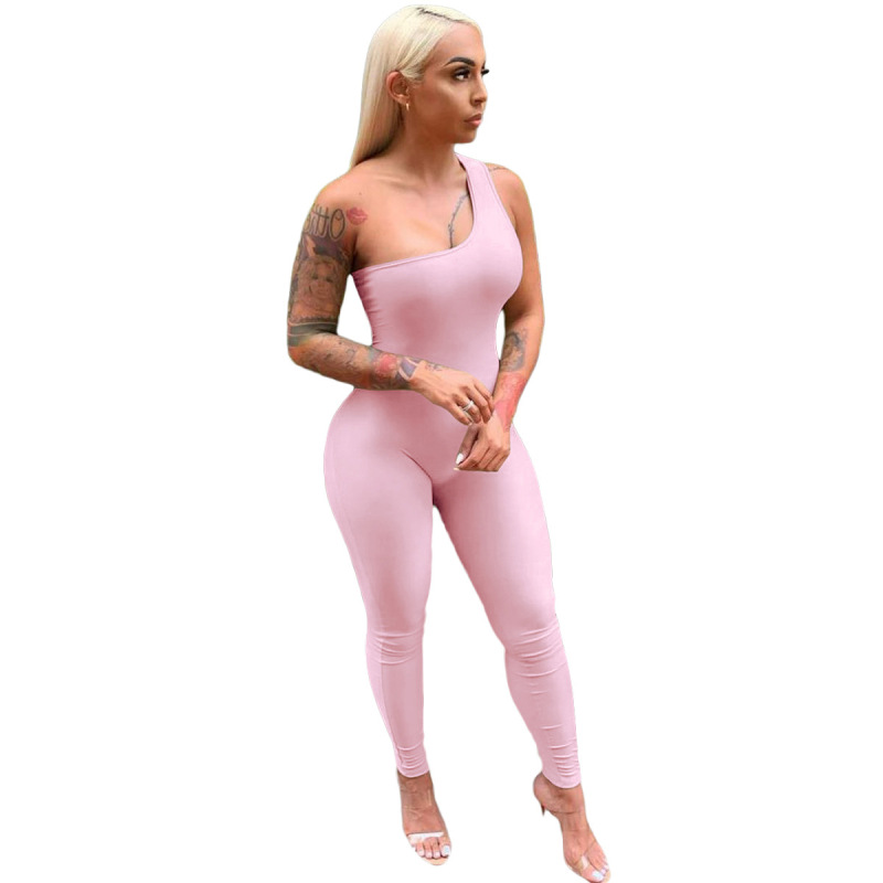Summer Women's Casual Clothing Solid Skinny Sleeveless Bodysuit Ladies Romper Slim One-shoulder Long Pants Women Jumpsuit