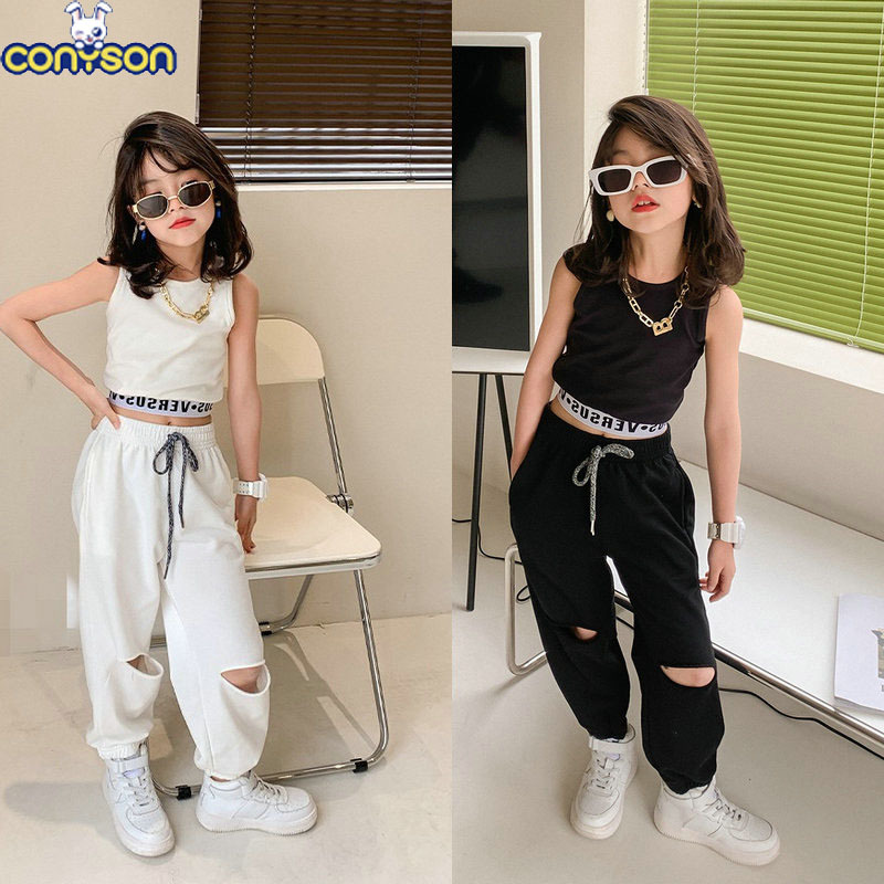 Conyson hot sale boutique summer korean fashion children clothes vest Infant baby Children's Girls casual Kids wear Clothing Set