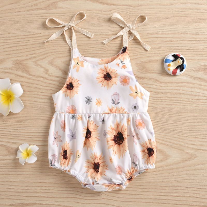 Wholesale Newborn Kid Summer Girls Rompers One Piece Sleeveless Belt Flowers Print Strap Jumpsuits baby rompers