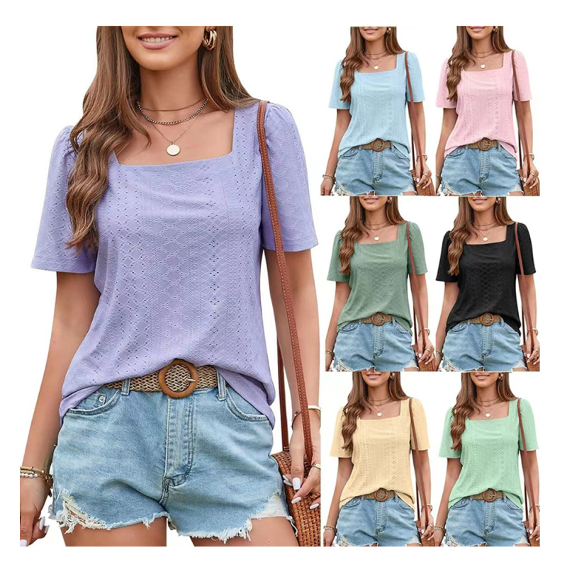 Conyson Wholesale Fast Shipping Summer Fashion Plain Macaron Splicing Design Knitting Square Collar White Short T-shirt Women