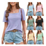 Conyson Wholesale Fast Shipping Summer Fashion Plain Macaron Splicing Design Knitting Square Collar White Short T-shirt Women