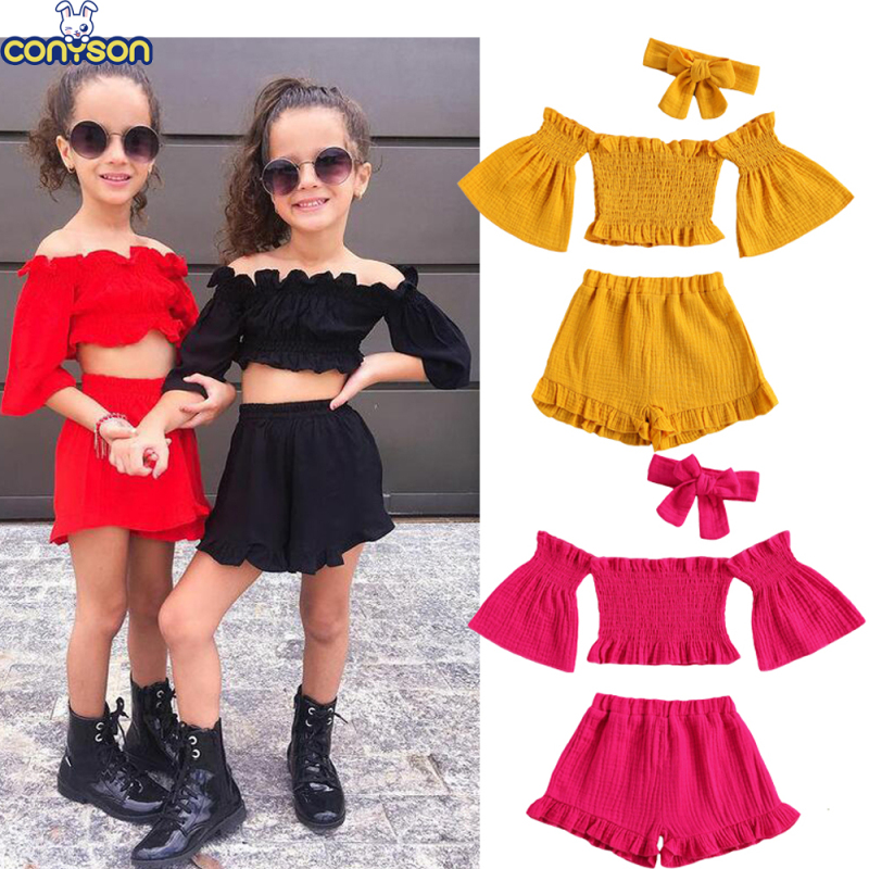 Conyson Wholesale New Summer Solid Sleeveless Off-the-shoulder Pleated Tops and Shorts Casual 3Pcs Kids Baby Girls Clothes Sets