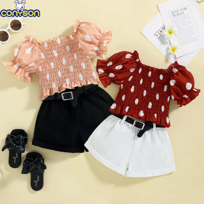 Conyson New Style Low MOQ Dot Puff Sleeve Summer Set Outfits Baby Girl Shorts With Belt Girls Fashion Three Piece Short Sets