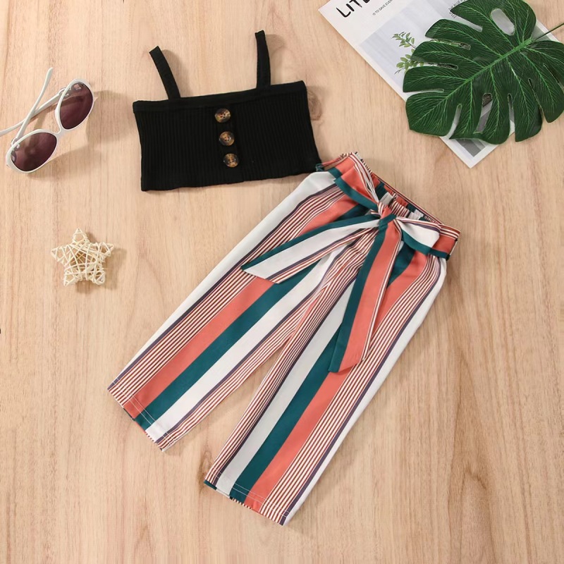Conyson Wholesale High Quality Black Knitting Top Stripe Long Pants Two Pieces Littler Girls Boutique Outdoor Wear Casual Suits