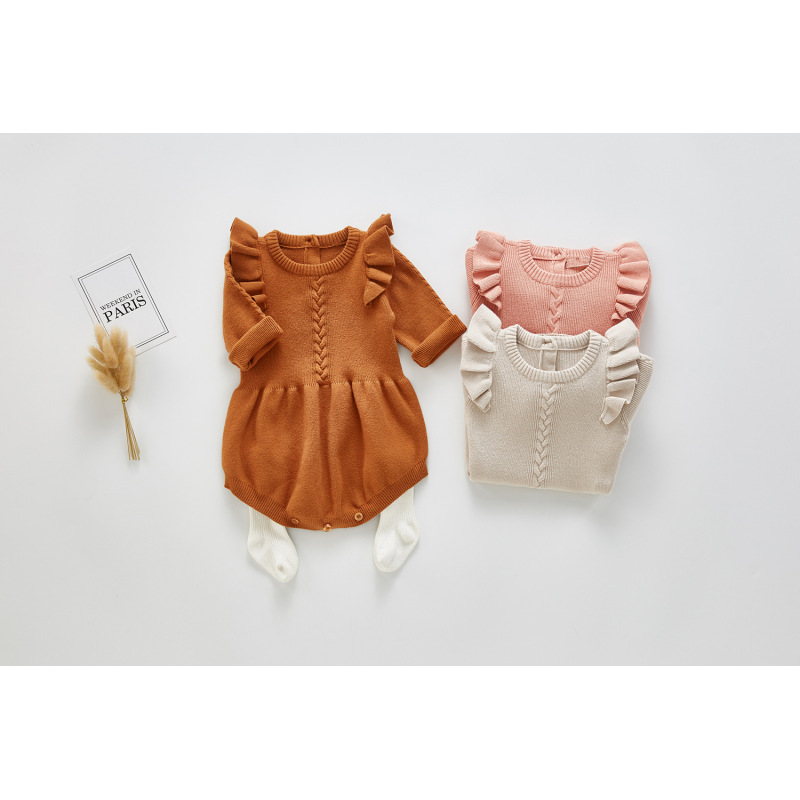 Clothing Long Sleeve Knitted Ruffle Sleeve Cotton Rompers Baby Girls Warm Clothes Long Sleeves Winter Ruffles Romper