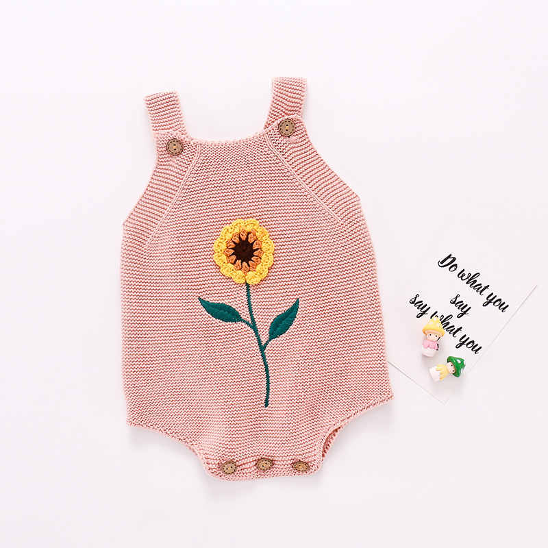 Conyson Wholesale New Toddler Kids Baby Girls Clothes Sunflower Cotton Knitted Hand Knitting Triangle Jumpsuit Woolen Rompers