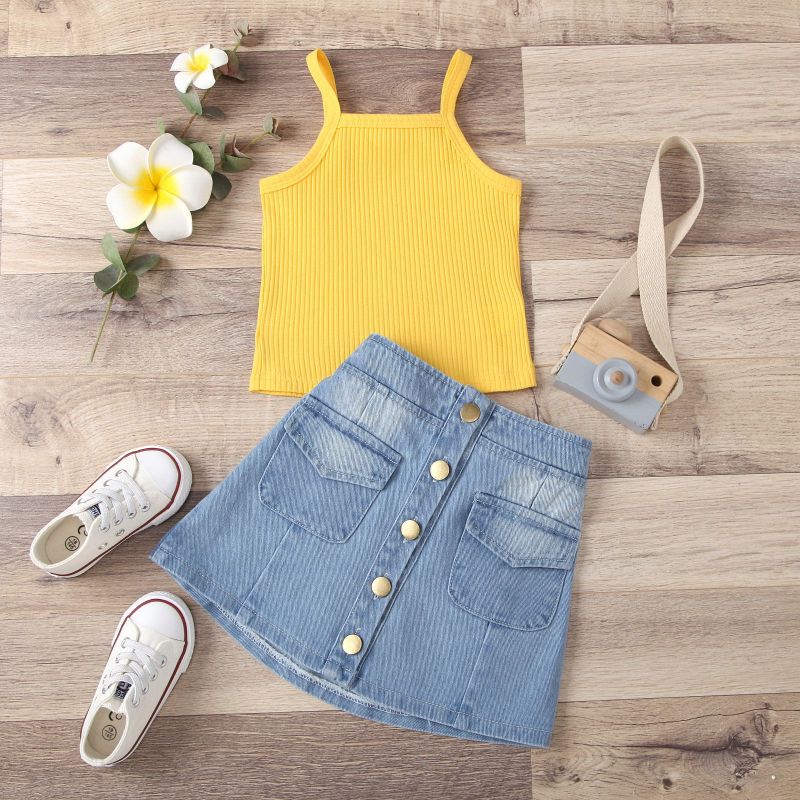2021 New Infant Kid Girl Bright Color Sleeveless Tank Top + Denim Skirt 2 Pcs Clothing Set 1-5 T