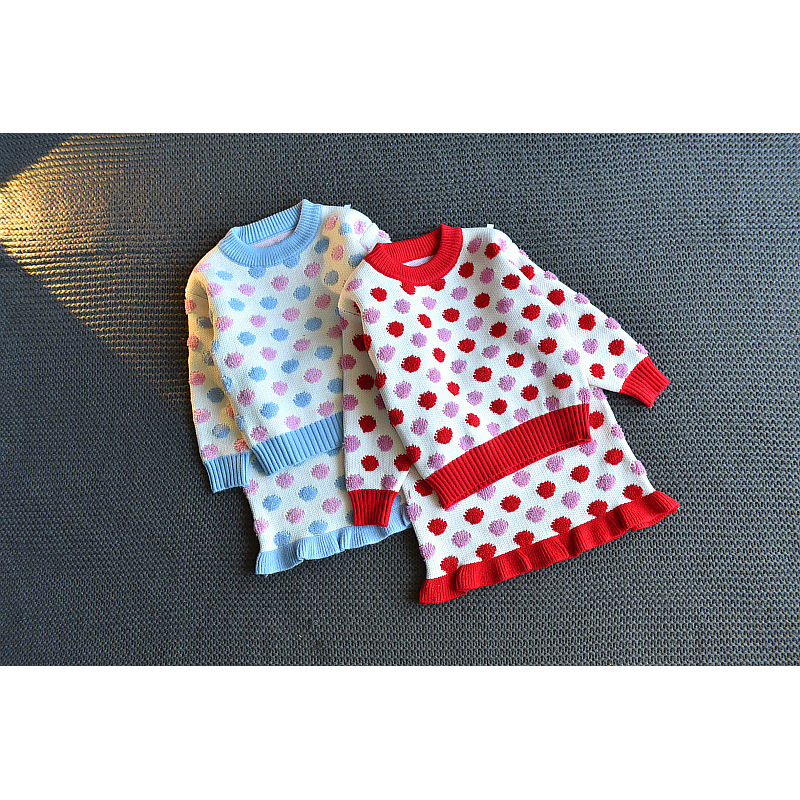 Lovely Knitted Geometric Oneck Sweater Skirt Two Piece Baby Girl Suit Long Sleeve Pullover Top Ruffles Mini Skirts Sets