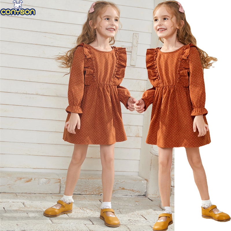 Conyson Wholesale New Kids Clothes Casual Minimalist Style Solid Linen Lace Summer Girls Clothing Ruffles Dot Little Girls Dress