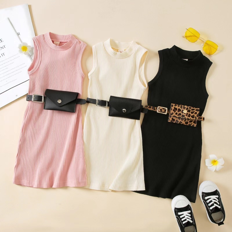 Conyson Kids Clothes Solid Color Round Neck Sleeveless Straight Knitted Dress Waist Belt Bag Set Summer Girls Dresses