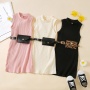 Conyson Kids Clothes Solid Color Round Neck Sleeveless Straight Knitted Dress Waist Belt Bag Set Summer Girls Dresses