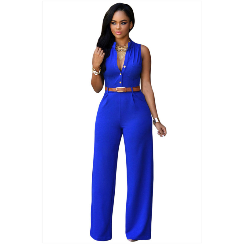 Summer Siamese Trousers Button Belt Sleeveless Pockets V neck Colourful Romper Suits Outfit 2022 Plus Size Women Casual Jumpsuit