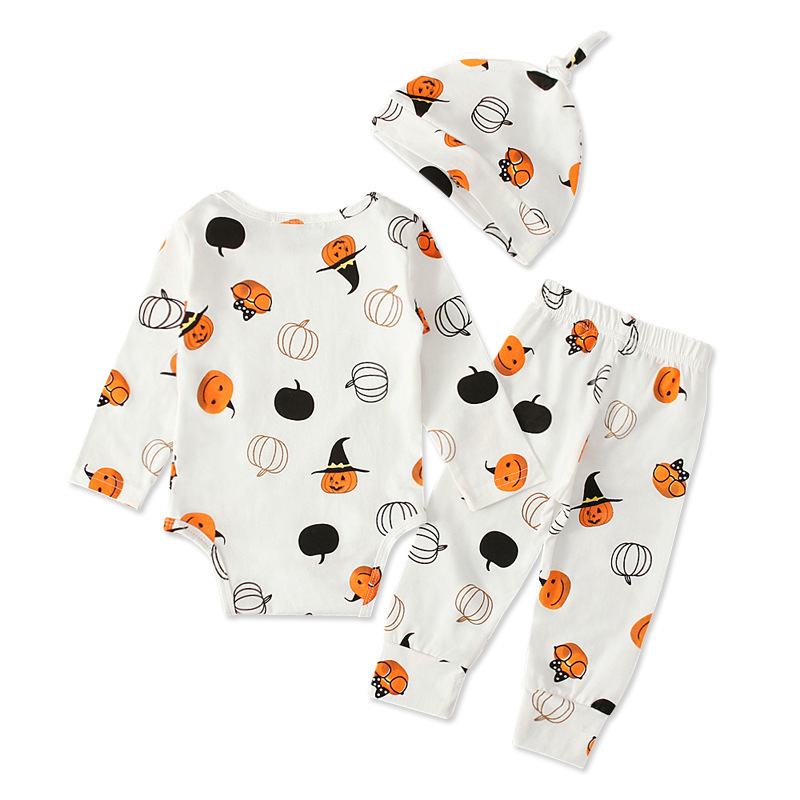 Toddler Romper Boy Girl Baby Halloween Clothes Print Ghost Pumpkin Newborn Long Sleeve Playsuit Pants With Headband Suits