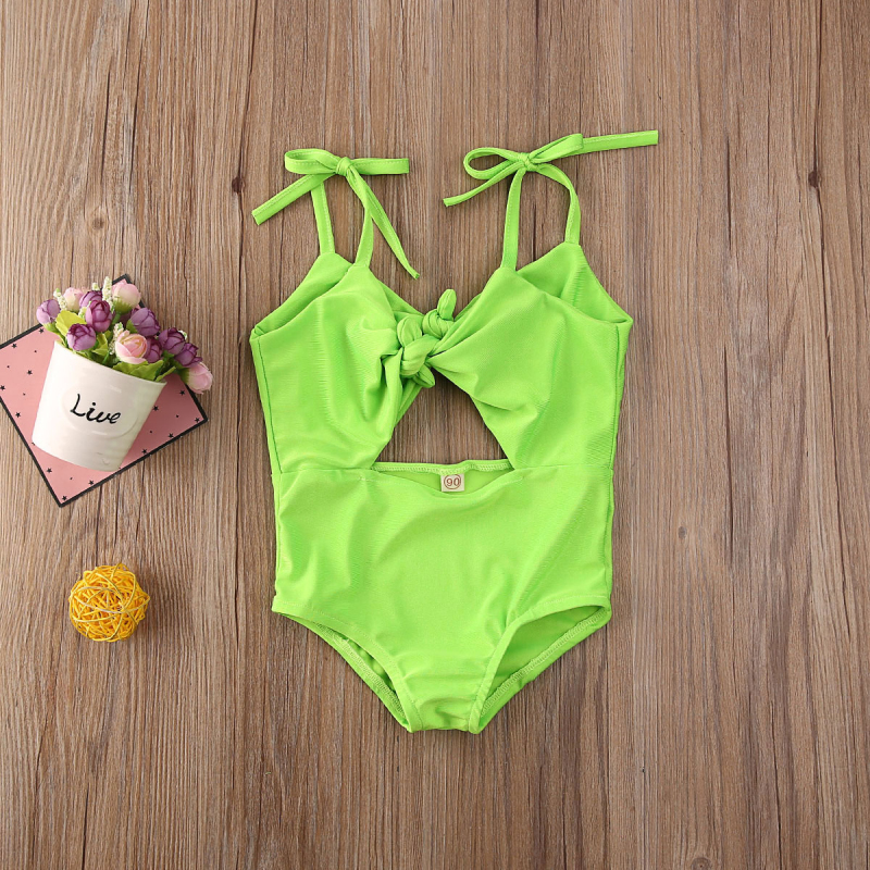 Conyson Wholesale Kids Girl Bow Swimwear  Clothes Solid Vest Beachwear Bikinis Pink One-piece Breathable Children's Swimsuis