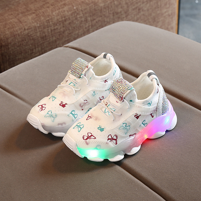 Conyson high quality korean summer fashion boutique toddler child baby shoes kid girl butterfly print led shining designer shoes