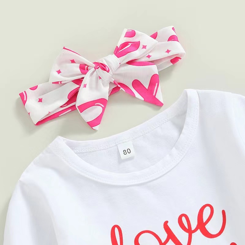 Conyson New Style Spring Autumn Long Sleeve Letter Printing With Headband Girls Kids Valentine's Day Two Piece Girl Clothes Set