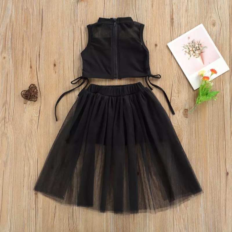 Conyson Hot Sale Summer INS Black Vest Net Gauze Dress 2Pcs Sleeveless Skirt Suit Kids Clothes Baby Girl Clothing Set