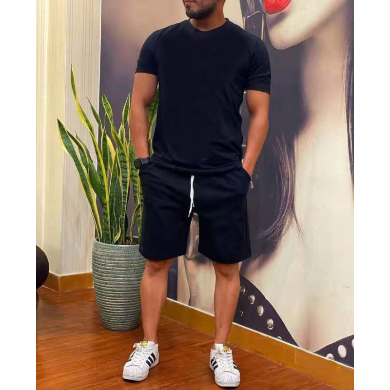 Wholesale plus size men's Custom logo made sport Clothes suits summer solid fashion two piece clothing cotton t-shirt short Sets