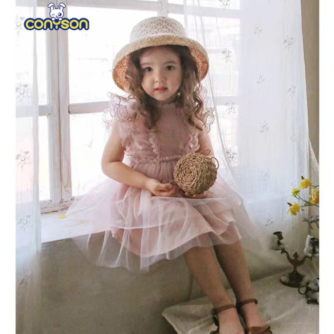 Conyson Hot Wholesale Summer Cotton Sleeveless Korean Style Shirring Design 3-8 Years Kids Clothing Girls Lace Tulle Dresses