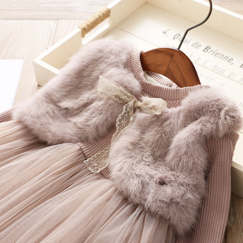 Girl Tulle Dress Long Sleeve False Two Pieces Fluff Vest Princess Skirts Kids Keep Warm Tutu Prom Party Clothing