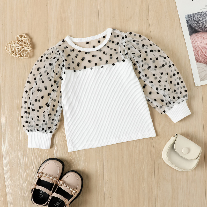 Conyson Casual Kids Girl Clothes Mesh Sweater Leather Pants Outfits Dot Print Long Puff Sleeved Top PU Trousers 2pcs Girls Sets
