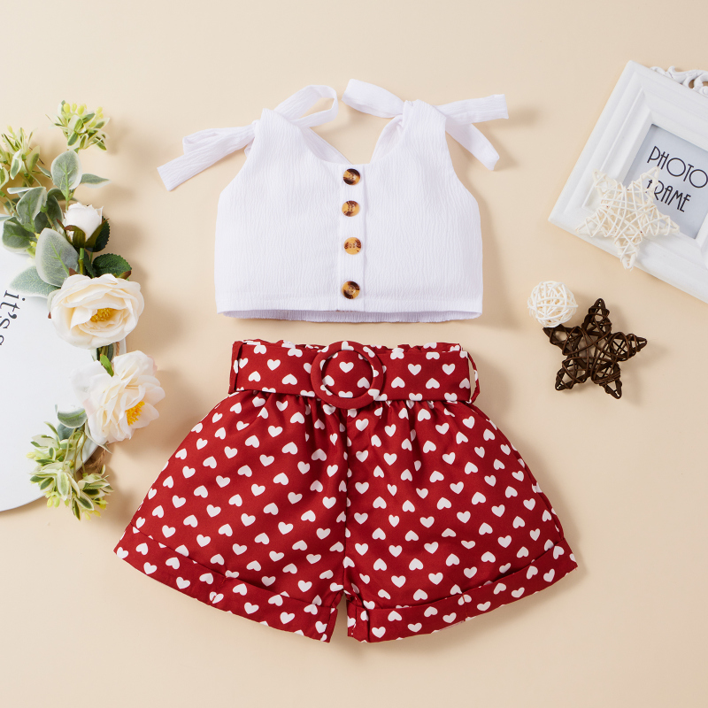 Conyson Toddler Baby Girl Summer 2Pcs Set Solid Bandage Suspender Tops + Polka Dot Elastic Heart Short Pants Casual Outfits