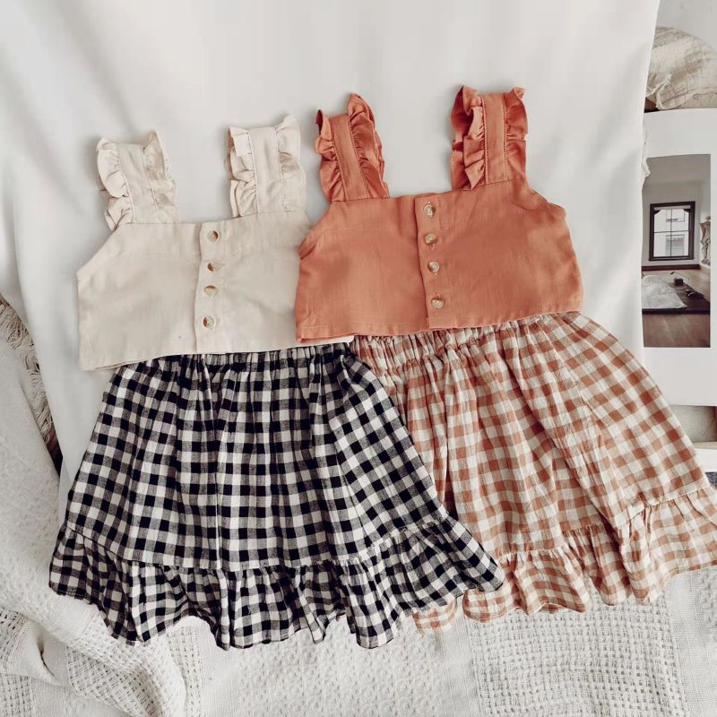 Conyson New Designer Hot Sale Suspenders Solid Top Plaid Skirt Kids casual Summer 2Pcs Short Set Little Girls