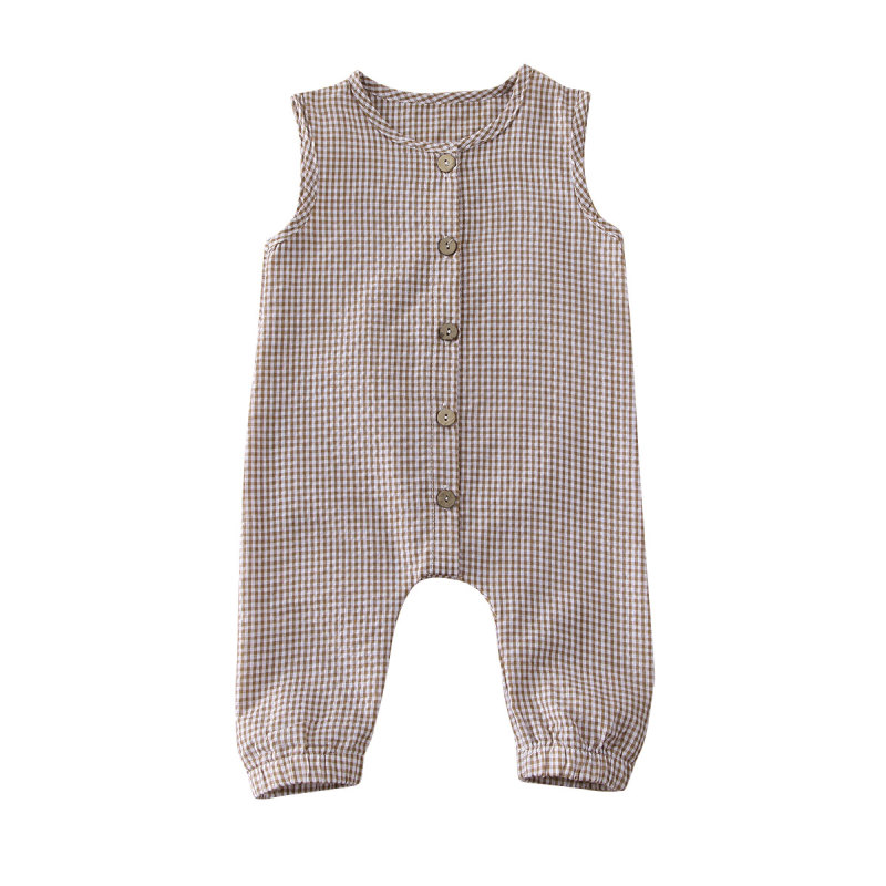 High Quality Covered Button Cotton Lattice Sleeveless Summer Plain Korean Newborn Baby Bodysuit Rompers