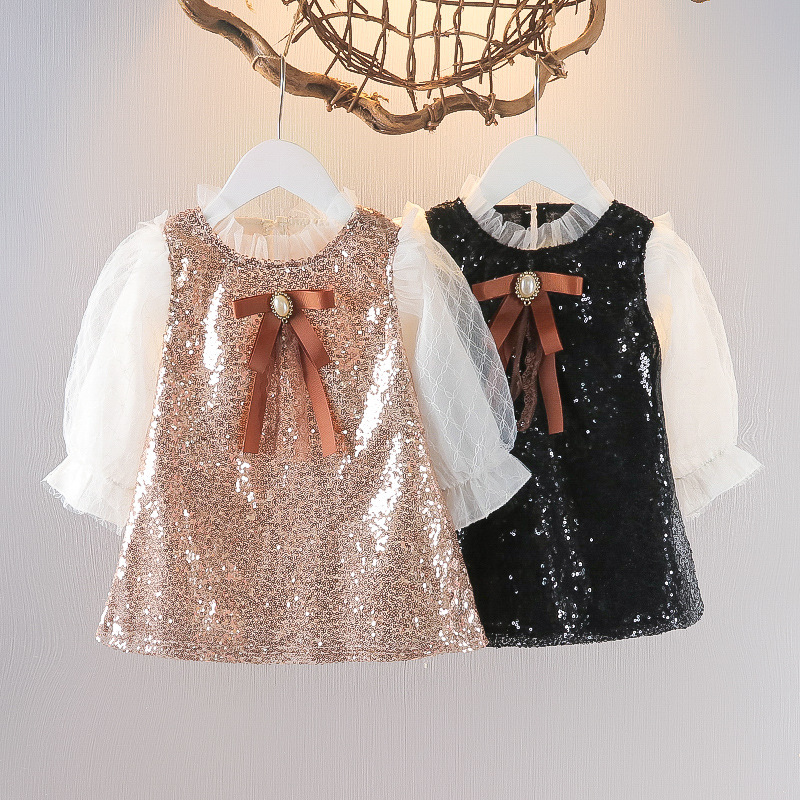 Conyson New Fall Kids Girl Clothing Mesh Long Ruffle Sleeve Shiny Sequin Bow Mid Dress Elegant Princess Party Dresses