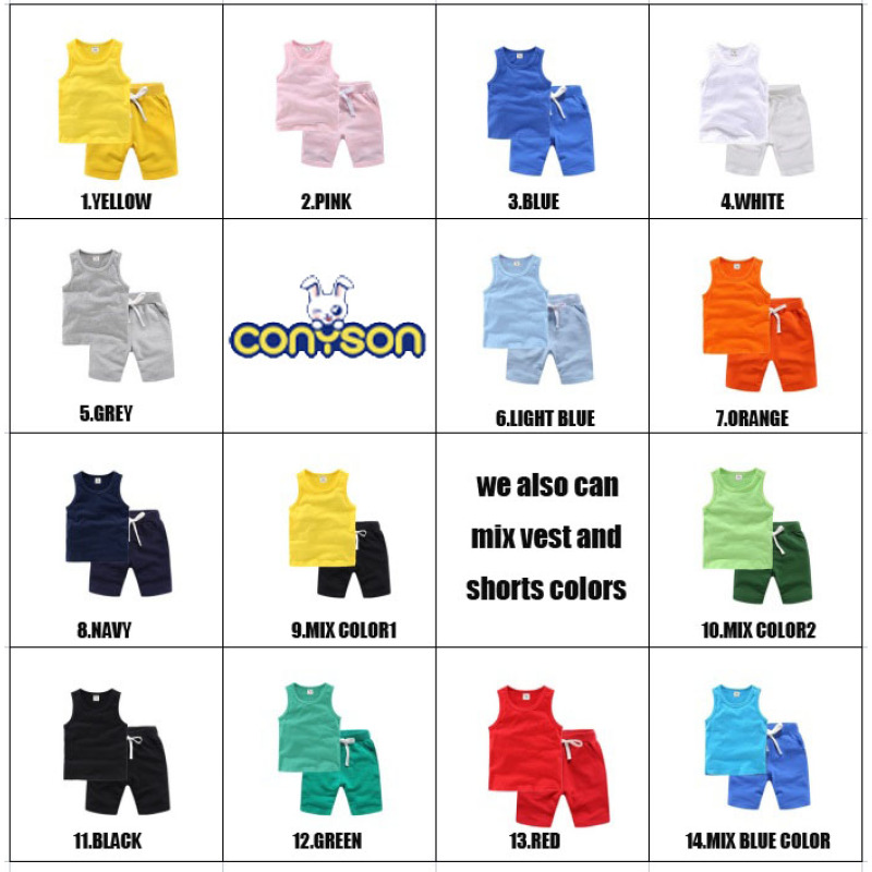 Conyson summer Custom print logo Made 1-12year toddler boy girl embroidery Baby Clothes Kids clothing T-shirt vest shorts Sets