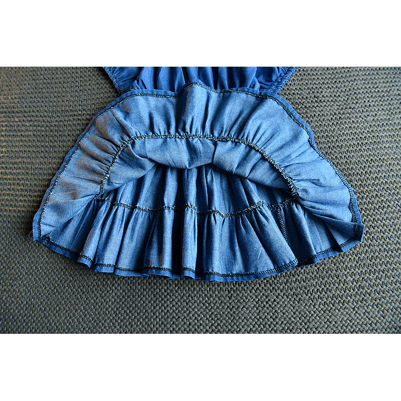 Hot Sale 2021 Summer Korean new Fashion Short Sleeve Flower Blue ruffle A-Line clothing beautiful Princess baby Girl Denim Dress