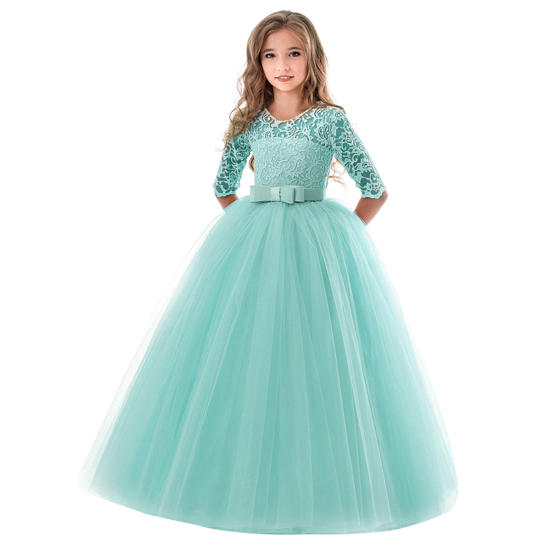 high quality popular hot sale 5 pure colors Girl Princess Dress Kids o-neck Lace Half Sleeve Flower Girls party Dresses