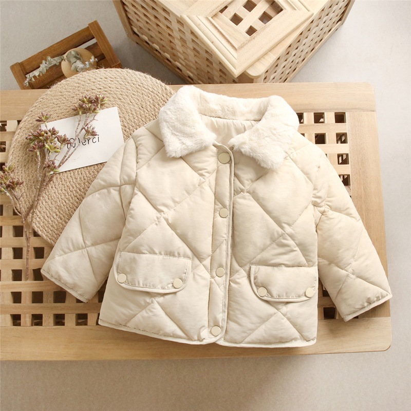 Loose Down Cotton Padded Jacket Baby Boy Girl Clothing Solid Color Diamond Plaid Fleecy Wool Collar Coat