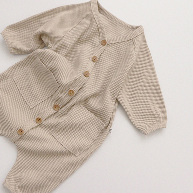 Conyson с длинным рукавом оптовая продажа детская одежда унисекс вафельные пуговицы новорожденных мальчиков и девочек милый комбинезон летние однотонные комбинезоны