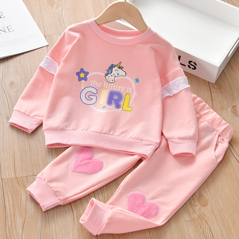 Conyson Latest Design Non-hooded Long Sleeve Cute Girl Track Cartoon pure color love print Girl autumn cotton Kids Clothing Sets