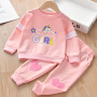 Conyson Latest Design Non-hooded Long Sleeve Cute Girl Track Cartoon pure color love print Girl autumn cotton Kids Clothing Sets
