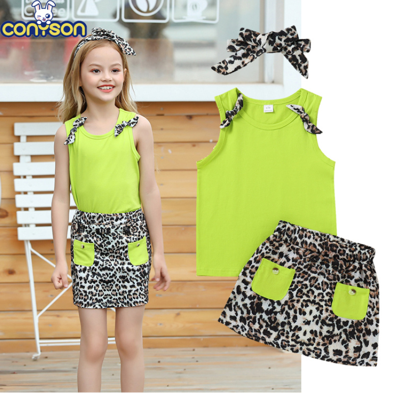 Conyson Summer Kids Clothing Set Fashion Korean Cotton Vest Leopard Short Skirt Headband Casual 3pcs Baby Girl Clothes Sets