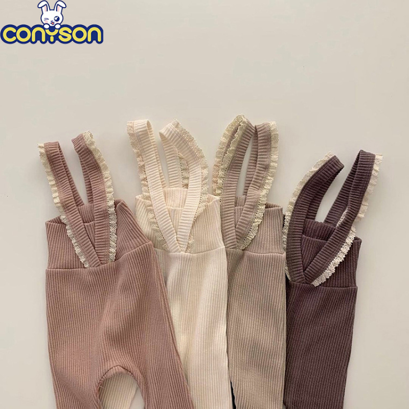 Conyson stockings suspenders style kids clothing organic cotton pants warm knitting kids nonsexual pants with bow tie Jumpsuit