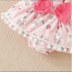 Conyson RTS Summer Letter Romper Suspender Shorts With Kneecap Three Pieces Cute Baby Girl Clothes Easter Kids Wear Clothing