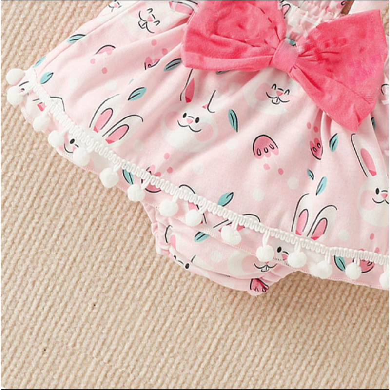 Conyson RTS Summer Letter Romper Suspender Shorts With Kneecap Three Pieces Cute Baby Girl Clothes Easter Kids Wear Clothing