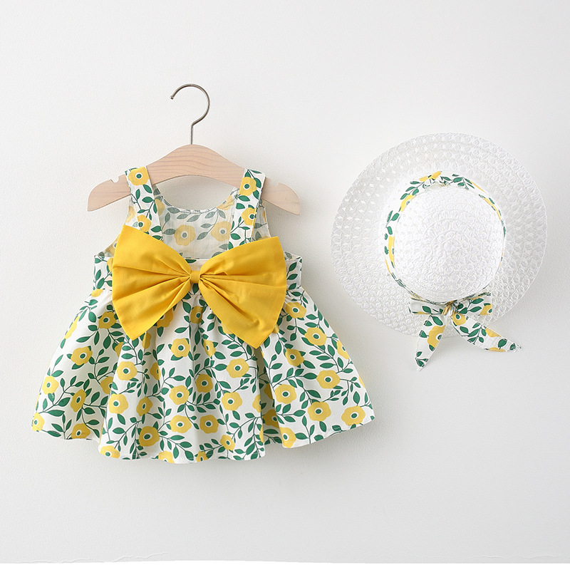 Conyson Wholesale Summer New Design Fashion Korean Sweet Kids Clothes Suit Princess Bowknot Dresses+Hat Baby Girls Clothing Set